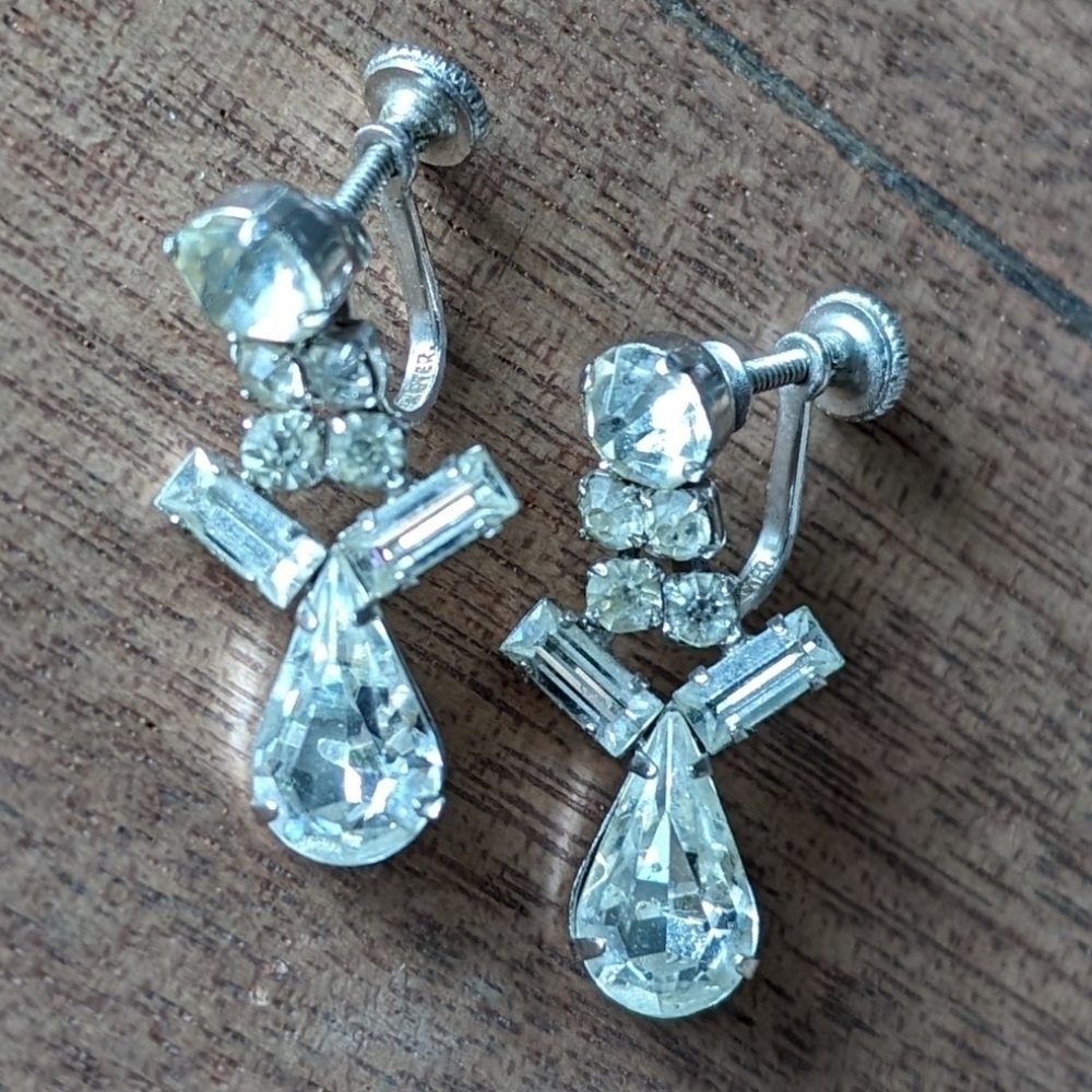 Vintage Sterling Rhinestone Earrings Jay Flex Unpierced